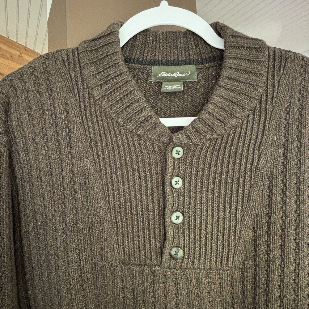 EDDIE BAUER Henley Men 2XL  Sweater Gray 1/4 Button Textured Knit Charcoal
